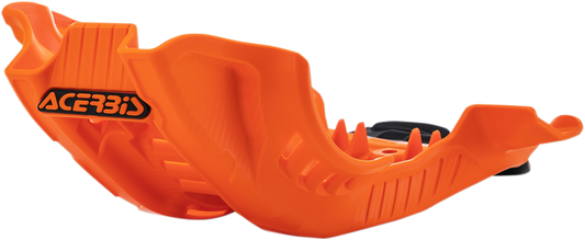 Acerbis skid plate in orange and black for Husqvarna and KTM motorcycles, mounted on bike body protecting undercarriage.