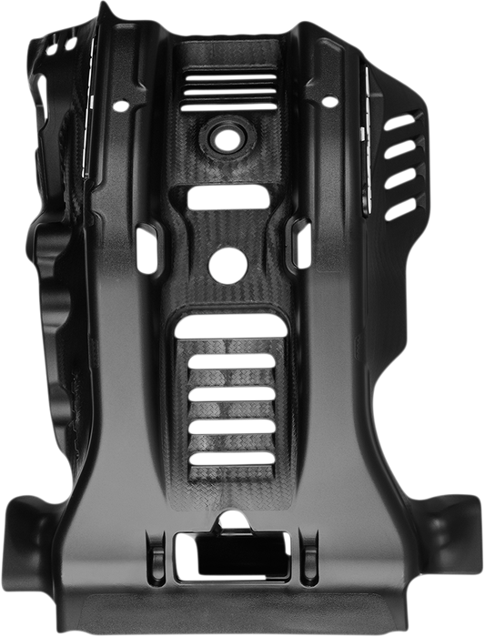Black ACERBIS KTM skid plate mounted on a motorcycle, protecting the body and engine from debris and impacts.