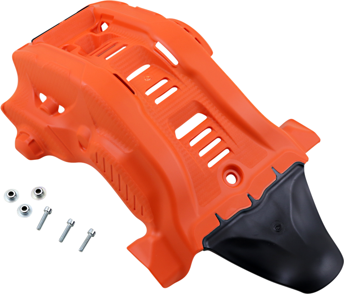 Acerbis skid plate in orange and white designed for Gas Gas, Husqvarna, and KTM motorcycles, mounted on a bike frame.
