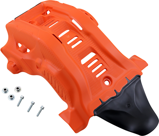 Acerbis skid plate in orange and white designed for Gas Gas, Husqvarna, and KTM motorcycles, mounted on a bike frame.