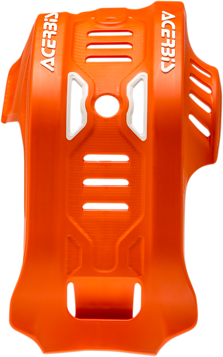 Acerbis orange and white KTM skid plate for dirt bikes, made of durable body protection material, designed for off-road riding.