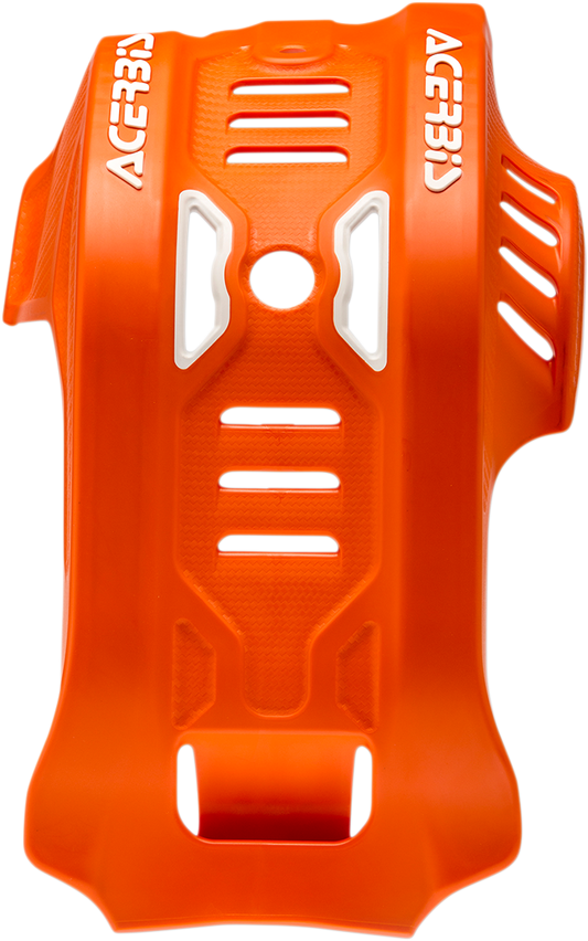 Acerbis orange and white KTM skid plate for dirt bikes, made of durable body protection material, designed for off-road riding.