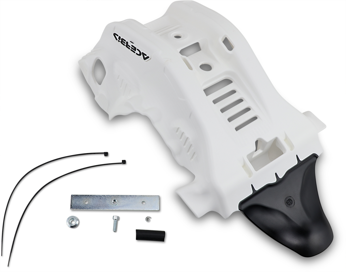 ACERBIS skid plate in white and black for Gas Gas, Husqvarna, and KTM motorcycles, protecting the body and engine area.