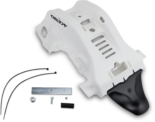 ACERBIS skid plate in white and black for Gas Gas, Husqvarna, and KTM motorcycles, protecting the body and engine area.