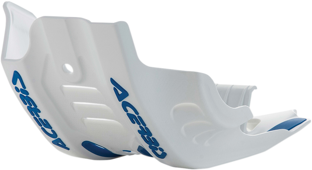 Acerbis skid plate in white and blue mounted on a Husqvarna or KTM motorcycle, protecting the bike's underside.