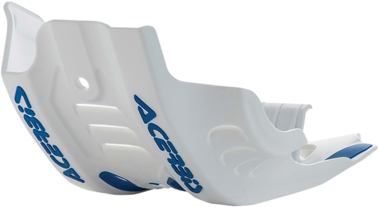 Acerbis skid plate in white and blue mounted on a Husqvarna or KTM motorcycle, protecting the bike's underside.
