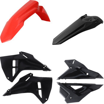 Acerbis standard replacement body kit in red and black for 2025 OEM motorcycle, designed for durability and style.