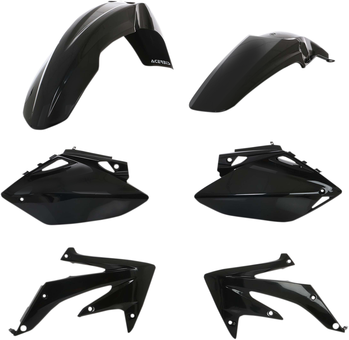 A black Acerbis standard replacement body kit for motorcycles, featuring durable body components displayed on a white background.