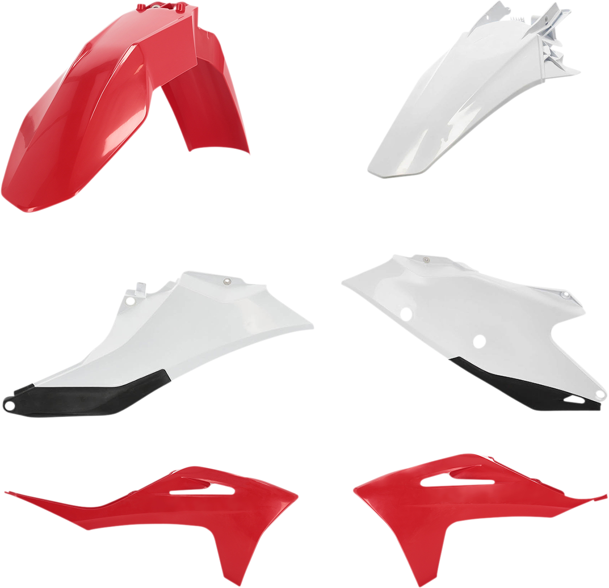Acerbis standard replacement body kit in red and white for motorcycle, featuring sleek design and durable plastic construction.