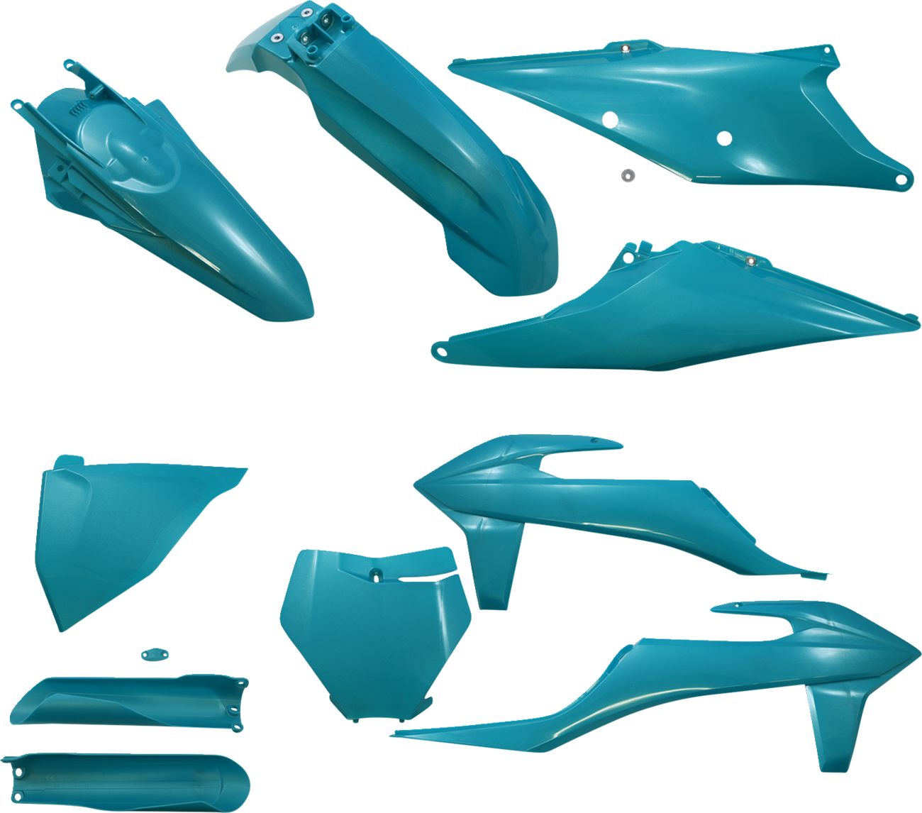 Acerbis standard replacement body kit in teal metallic for motorcycle, featuring sleek design with brand and product details.
