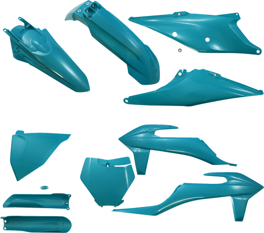 Acerbis standard replacement body kit in teal metallic for motorcycle, featuring sleek design with brand and product details.