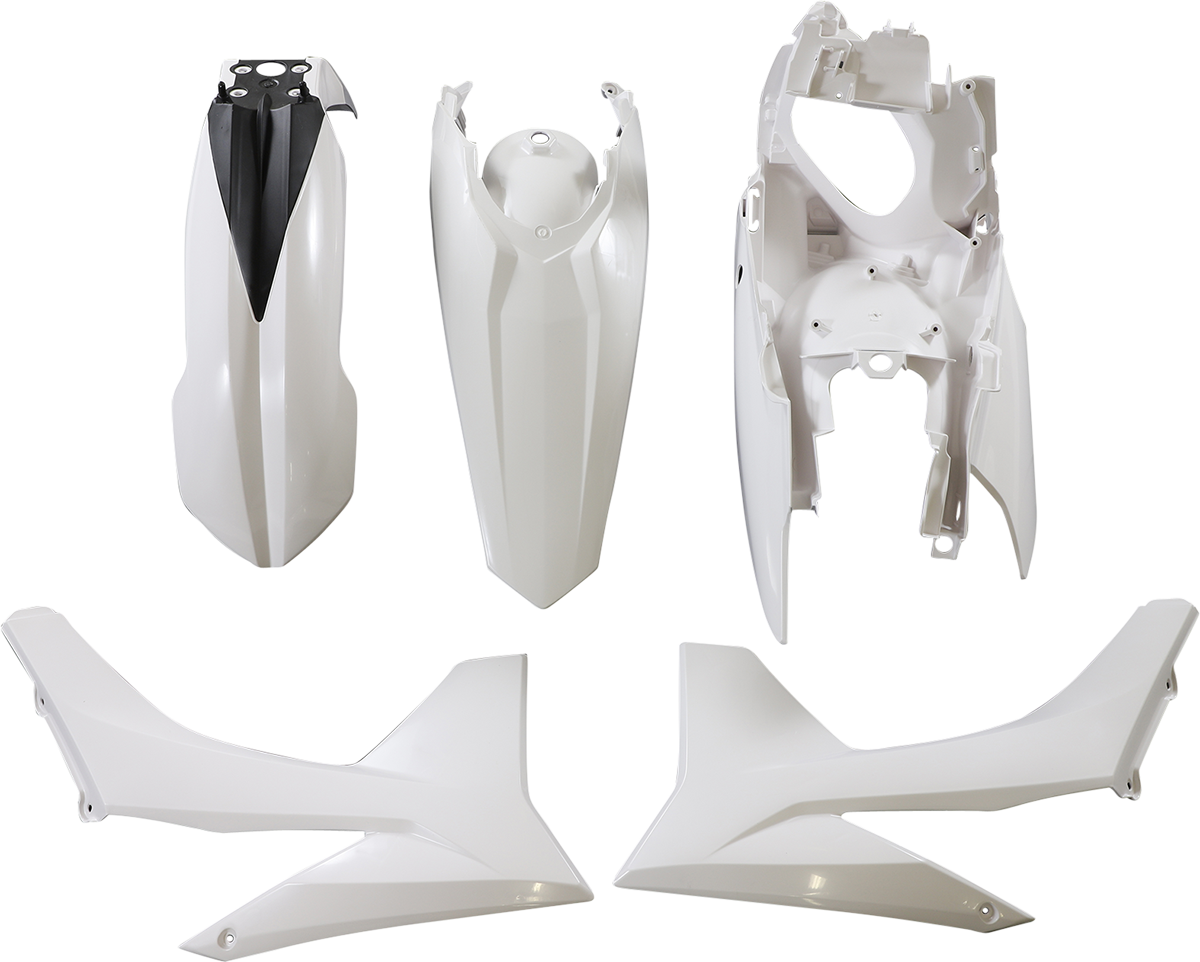 A white Acerbis standard replacement body kit for motorcycles, shown on a plain background, designed for easy installation.