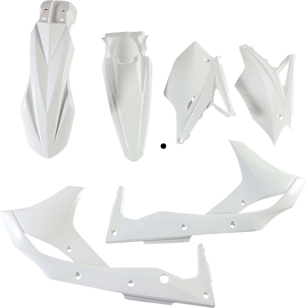 A white ACERBIS standard replacement body kit for motorcycles, featuring sleek design and durable construction.