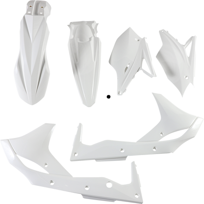 A white ACERBIS standard replacement body kit for motorcycles, featuring sleek design and durable construction.