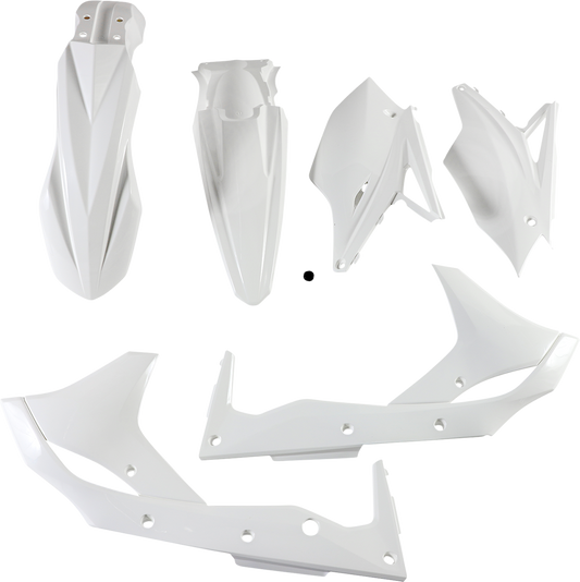 A white ACERBIS standard replacement body kit for motorcycles, featuring sleek design and durable construction.