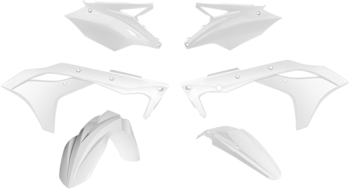 A white Acerbis standard replacement body kit for motorcycles, displaying the sleek, smooth design of the body parts.