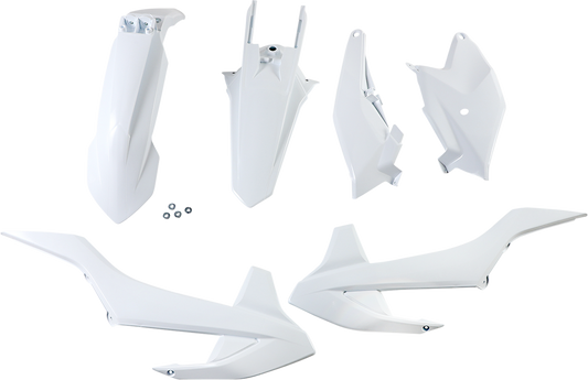 A white Acerbis standard replacement body kit for motorcycles, featuring the body parts laid out on a plain background.