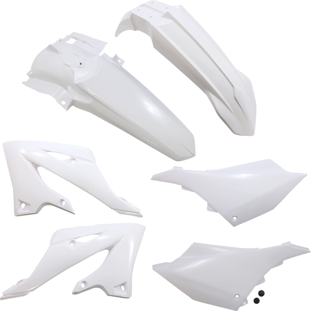 A white Acerbis standard replacement body kit for motorcycle, designed for easy installation and a sleek finish.