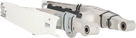 A white Acerbis Swing Arm Guard for motorcycle body protection, featuring the product's design and branding details.
