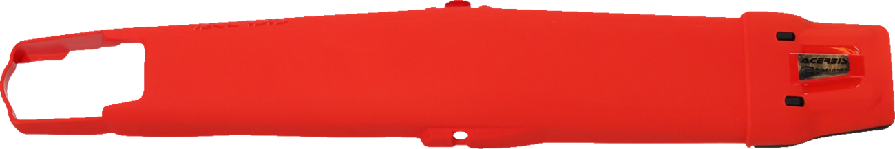 Acerbis swing arm guards in red mounted on a motorcycle body, providing protection for the swing arm.