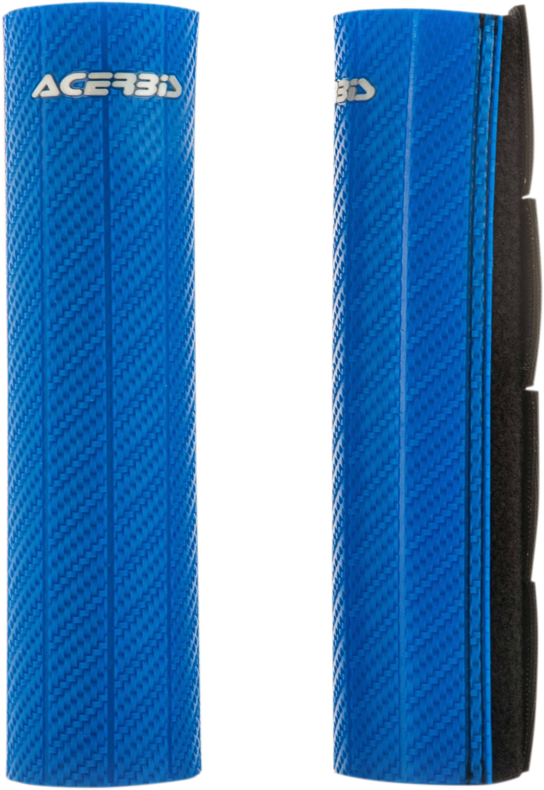 Blue Acerbis upper fork guard for motorcycle, mounted on front suspension, with protective body design and brand details visible.