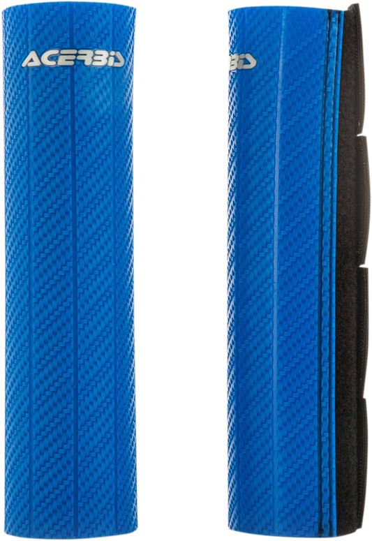 Blue Acerbis upper fork guard for motorcycle, mounted on front suspension, with protective body design and brand details visible.