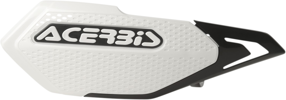 White and black ACERBIS X-Elite handguards for motorcycle, mounted on handlebars, with protective body and branding details visible.