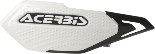White and black ACERBIS X-Elite handguards for motorcycle, mounted on handlebars, with protective body and branding details visible.