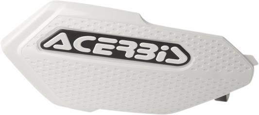 Acerbis White and Black X-Elite Handguards for motorcycle, mounted on handlebars, offering protection and style.