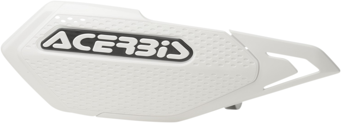 Acerbis White X-Elite Handguards mounted on motorcycle handlebars, designed for protection and style.
