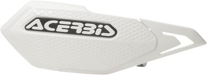 Acerbis White X-Elite Handguards mounted on motorcycle handlebars, designed for protection and style.