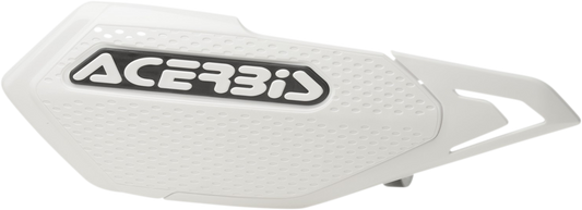 Acerbis White X-Elite Handguards mounted on motorcycle handlebars, designed for protection and style.