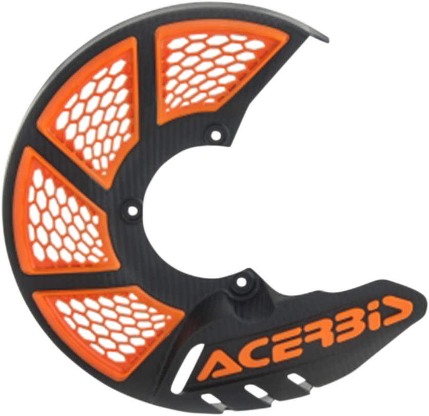 Acerbis X-Brake disc cover in black with orange accents, designed for motorcycle protection, displayed on a vehicle.