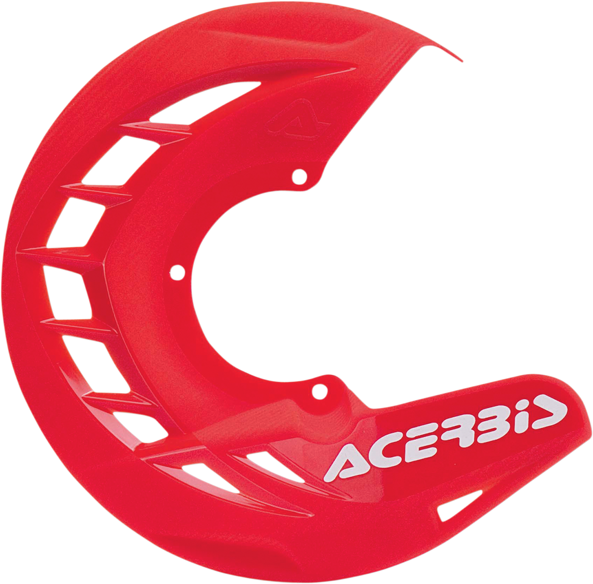 Red Acerbis X-Brake Disc Cover mounted on motorcycle body, showcasing durable plastic construction and vibrant red finish.