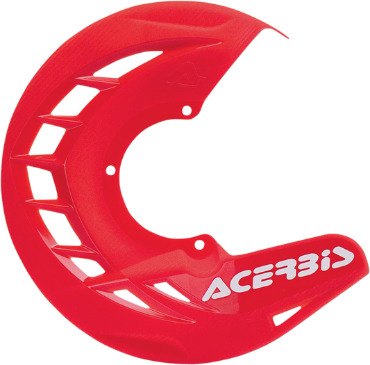 Red Acerbis X-Brake Disc Cover mounted on motorcycle body, showcasing durable plastic construction and vibrant red finish.