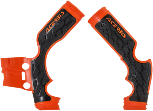 Acerbis X-Grip frame guards for motorcycles in orange and black, designed to protect the bike's body and frame.