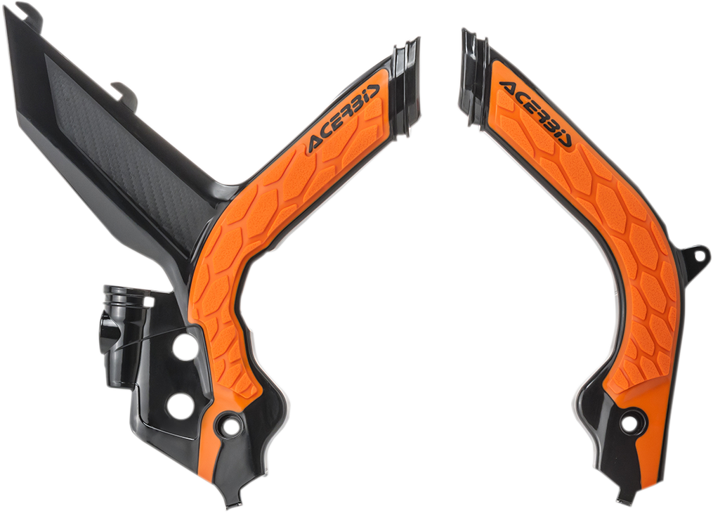 Acerbis X-Grip frame guards in black and orange for motorcycle, designed for durable protection and a sleek look.