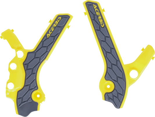 Acerbis X-Grip frame guards in gray and yellow on a DR-Z 400S/E motorcycle, protecting the frame with durable body guards.