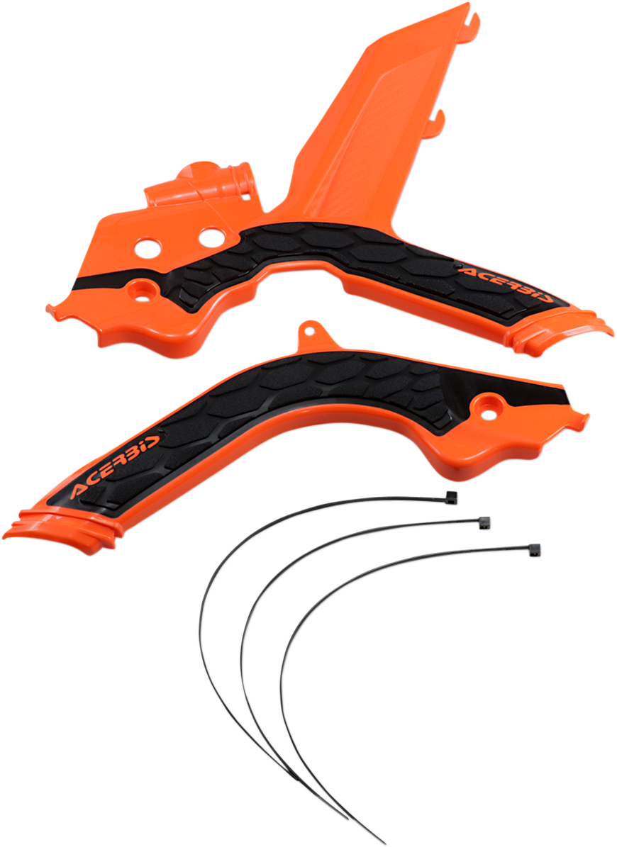 Acerbis X-Grip frame guards in orange and black attached to a motorcycle frame, providing protection and style.