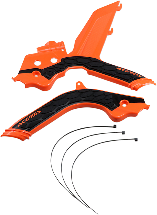 Acerbis X-Grip frame guards in orange and black attached to a motorcycle frame, providing protection and style.