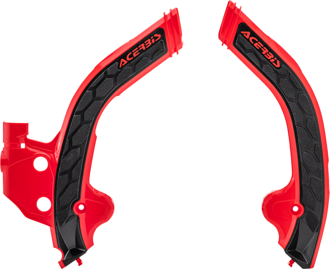 Acerbis X-Grip frame guards in red and black attached to a motorcycle frame, providing protection and style for the bike's body.