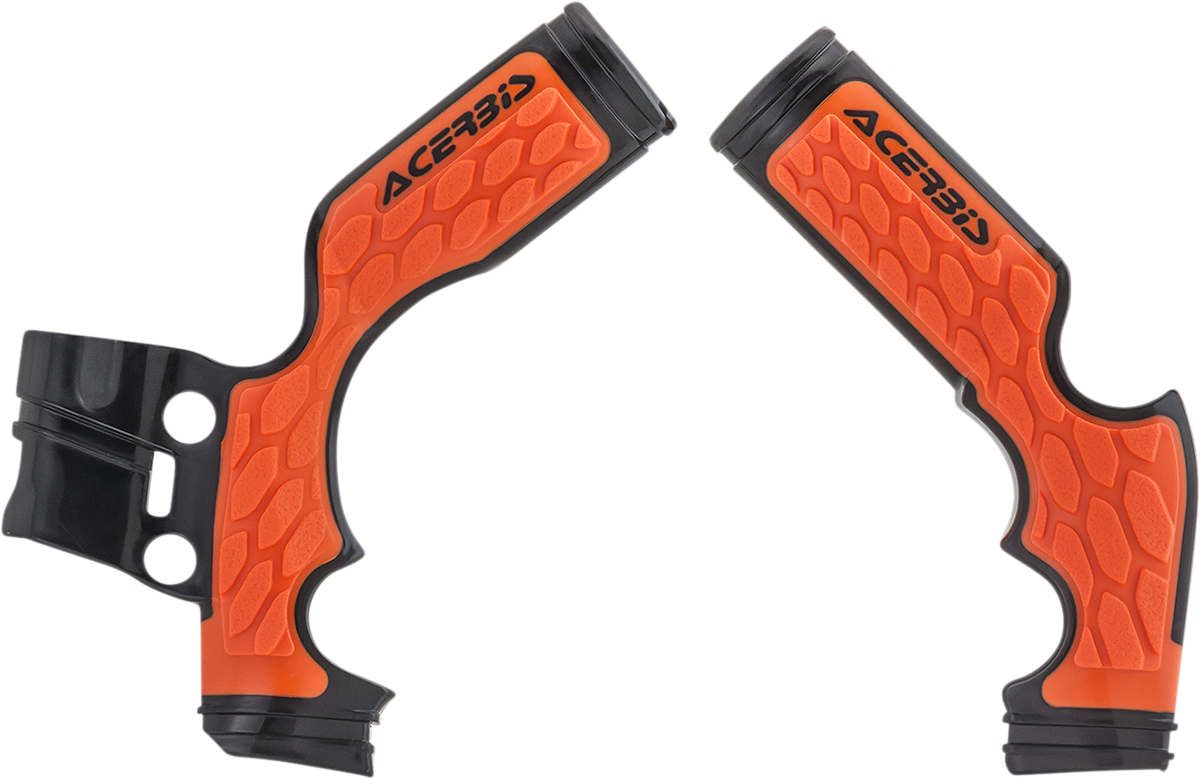 Acerbis X-Grip frame guards in red and black attached to a motorcycle frame, designed for body protection.