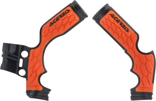 Acerbis X-Grip frame guards in red and black attached to a motorcycle frame, designed for body protection.