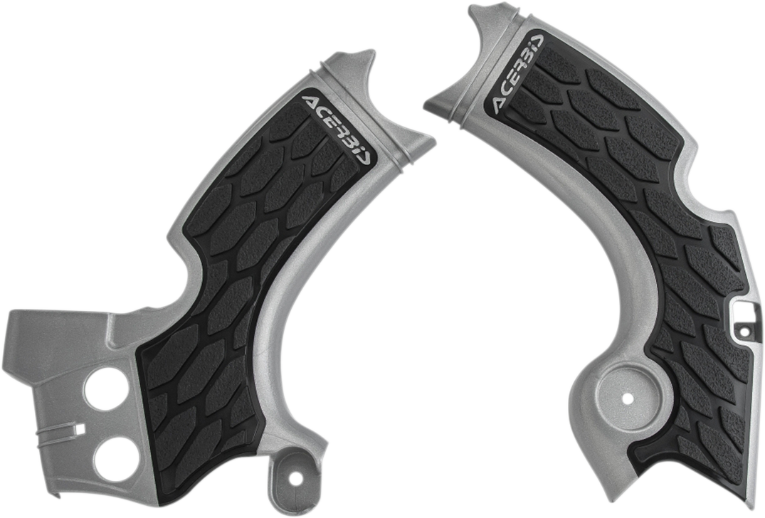 Acerbis X-Grip frame guards in silver and black fitted on a Kawasaki KX450F motorcycle, protecting the bike's body from damage.