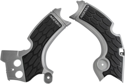 Acerbis X-Grip frame guards in silver and black fitted on a Kawasaki KX450F motorcycle, protecting the bike's body from damage.