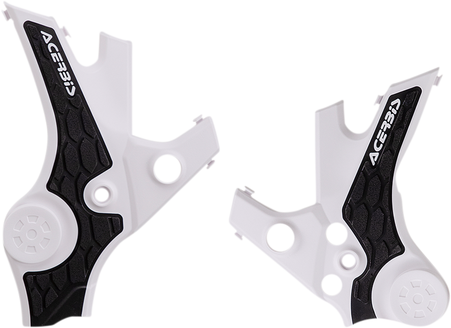 Acerbis X-Grip motorcycle frame guards in white and black, designed for protecting bike frames, shown on a body image.