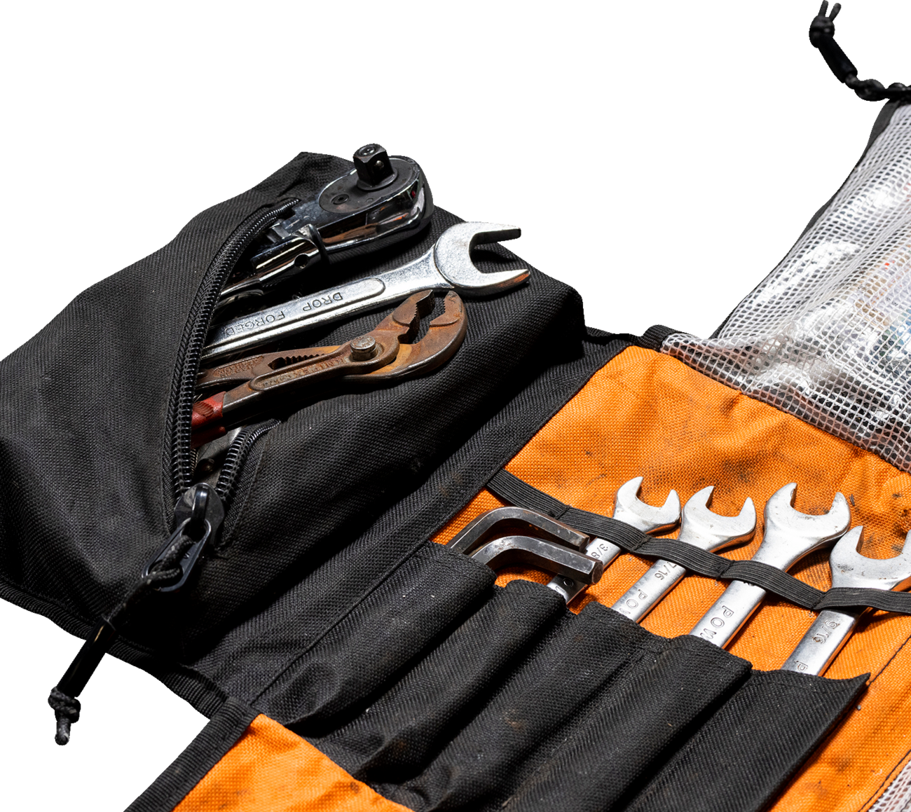 Black Biltwell Exfil-0 2.0 tool roll with multiple compartments, designed for motorcycle tool storage by Bill's Exhausts.