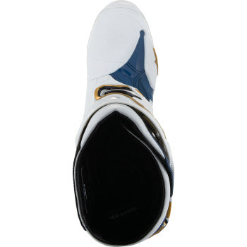 Alpinestars Arlington LE Tech 10 motorcycle boots in white, blue, and gold, size US 8, featuring protective design and branding.