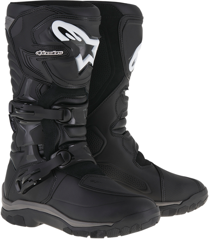 Alpinestars Corozal Adventure Boots in black, US size 12, showcasing rugged design and sturdy construction for motorcycle riding.