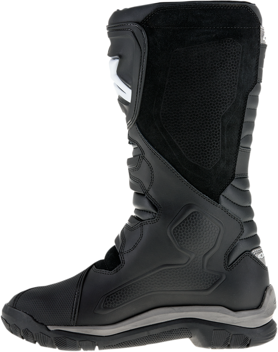 Black Alpinestars Corozal Adventure Boots, US size 8, featuring durable leather construction and rugged design for motorcycle riding.